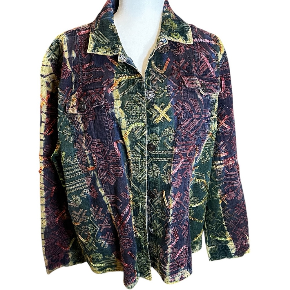 Vintage Bleu‎ Bayou Denim Jacket Womens 1X Blue Jean Embroidered Artsy Boho